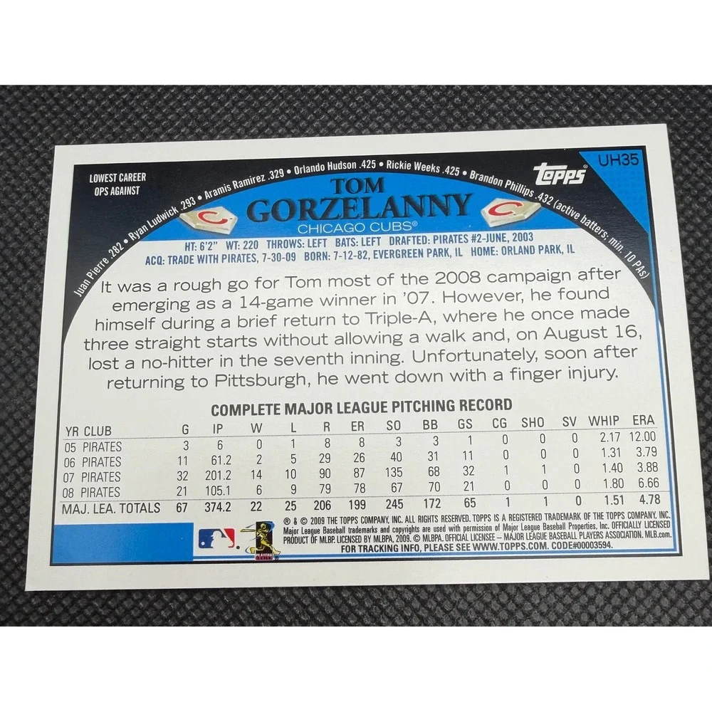 Tom Gorzelanny Chicago Cubs 2009 Topps UH35 Hand Signed Autograph Baseball Card - Picture 4 of 5